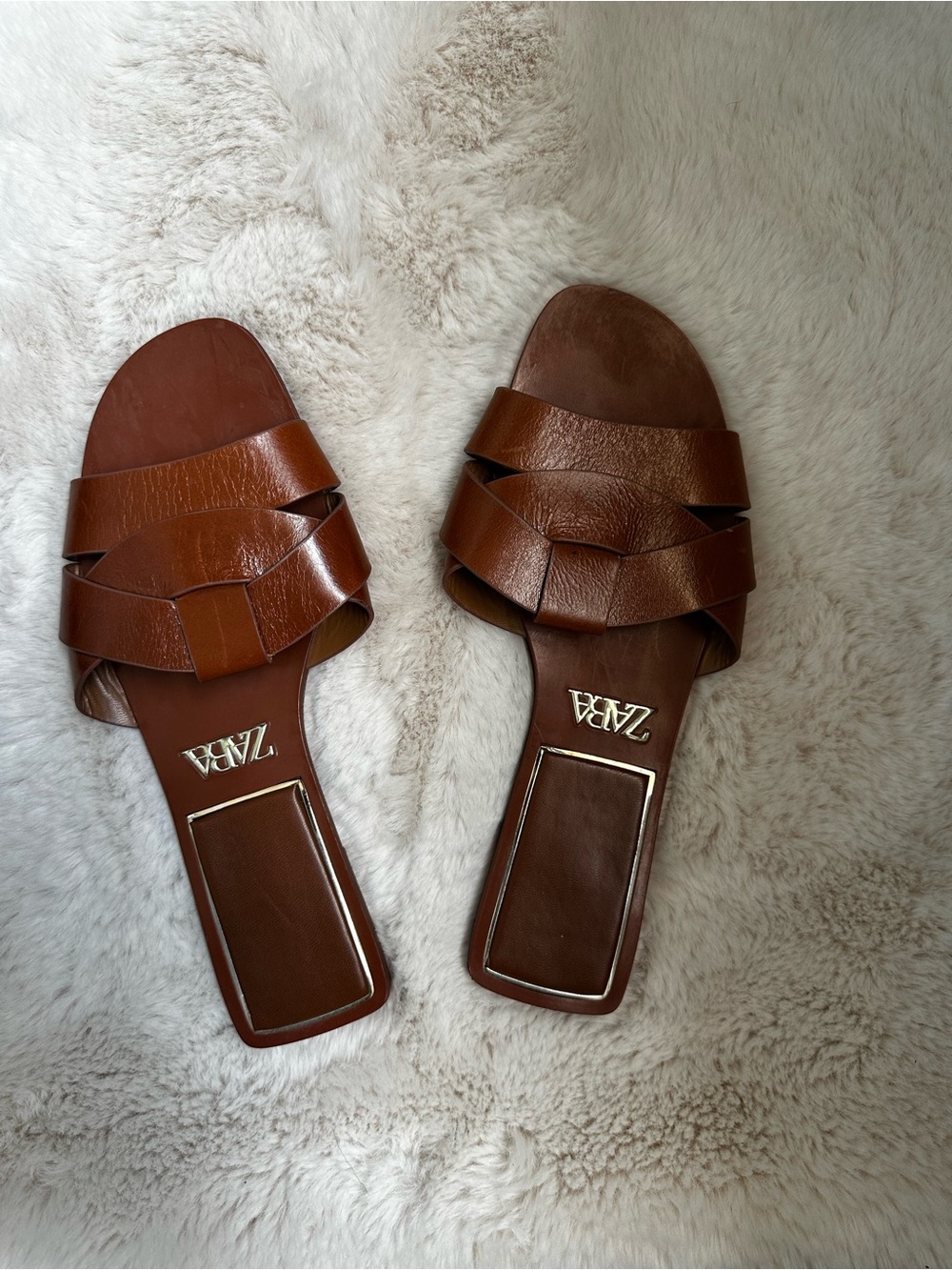 Zara Brown Braided Leather Slide Mules